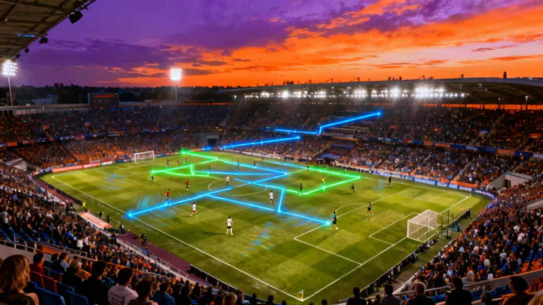 Dynamic image of a European football stadium highlighting midfield player movements in 2026 transfer market trends.