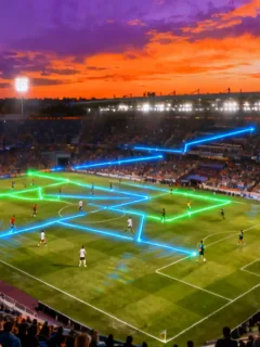 Dynamic image of a European football stadium highlighting midfield player movements in 2026 transfer market trends.