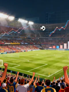 Dynamic visual representing European football's financial changes by 2026, with stadium, fans, and financial data.