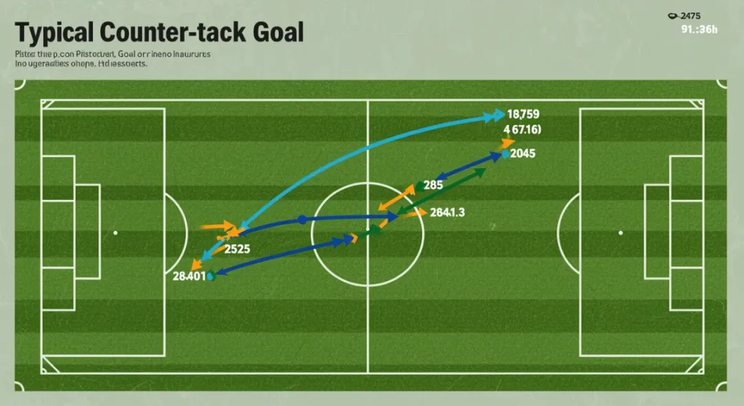 Infographic detailing a counter-attack goal sequence with player movements and ball path.