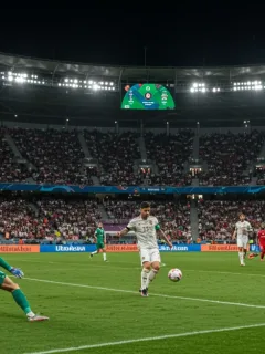 Dynamic football player scoring a goal in a brightly lit European stadium during 2026 highlights.