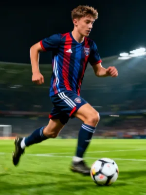 Dynamic football player in action, showcasing agility and skill on the pitch.