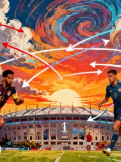 Dynamic visual of European football transfer market 2026 with key players and club badges.