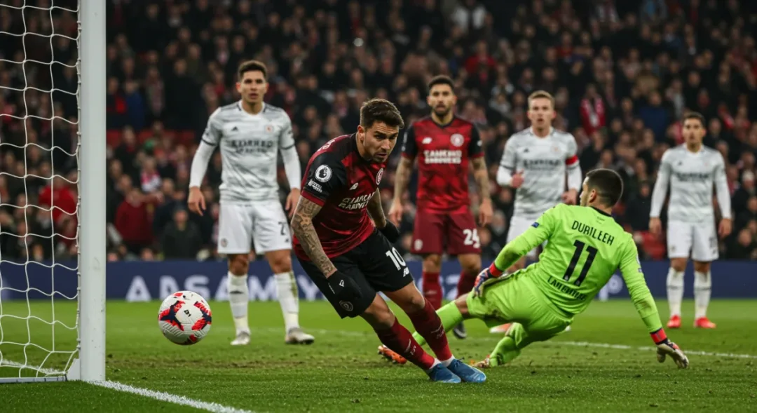 Footballer scoring a crucial goal in a tense match.