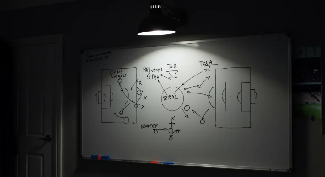Tactical whiteboard illustrating football strategy and formations.