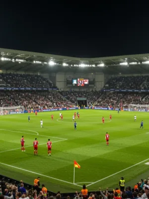 Packed stadium with players celebrating a dramatic comeback goal.