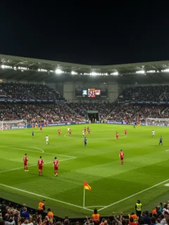Packed stadium with players celebrating a dramatic comeback goal.