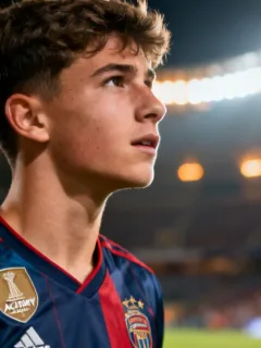 Young European football prospect looking towards a stadium, representing the journey from youth academies to stardom by 2026.