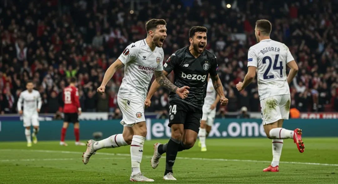 Player celebrating a goal with teammates, showing raw emotion during a European match.