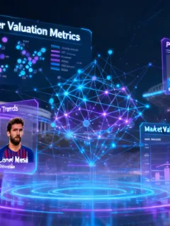 Holographic display analyzing player data for transfer valuation in 2026.