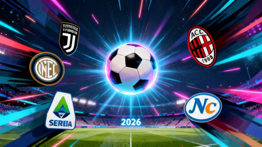 Serie A club logos converging around a glowing football, symbolizing strategic transfers by 2026
