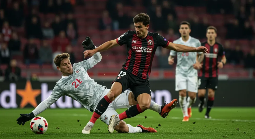 Crucial defensive tackle in a European football match