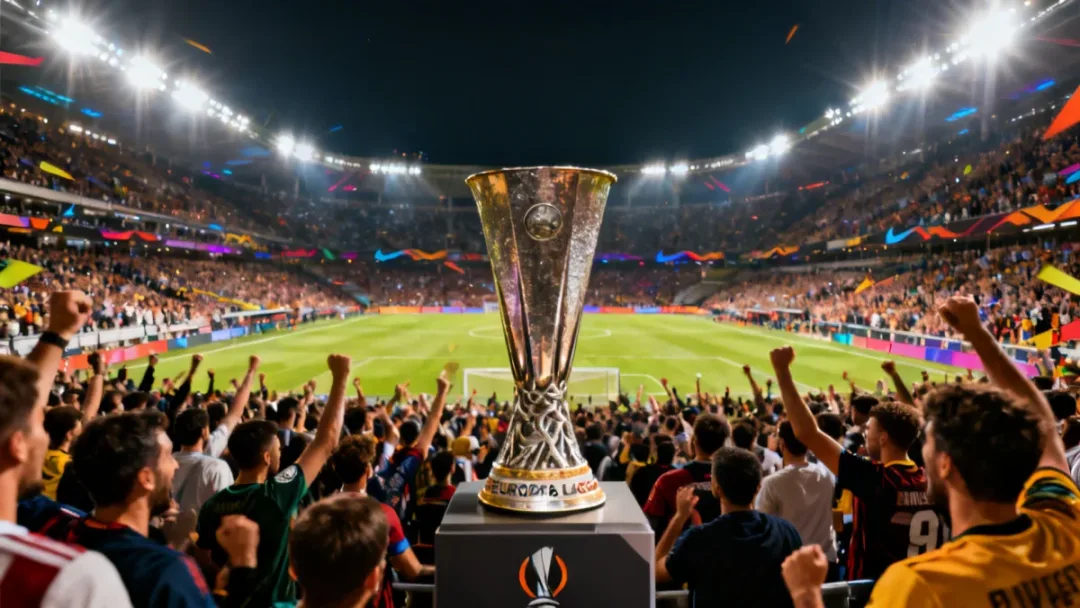 Dynamic stadium scene with Europa League trophy, symbolizing unexpected triumphs in 2026.