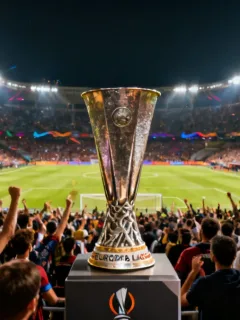Dynamic stadium scene with Europa League trophy, symbolizing unexpected triumphs in 2026.