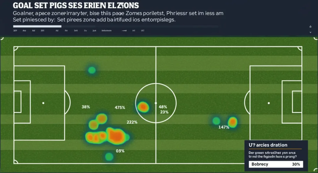 Heat map showing high-percentage goal-scoring zones from set pieces on a football pitch.