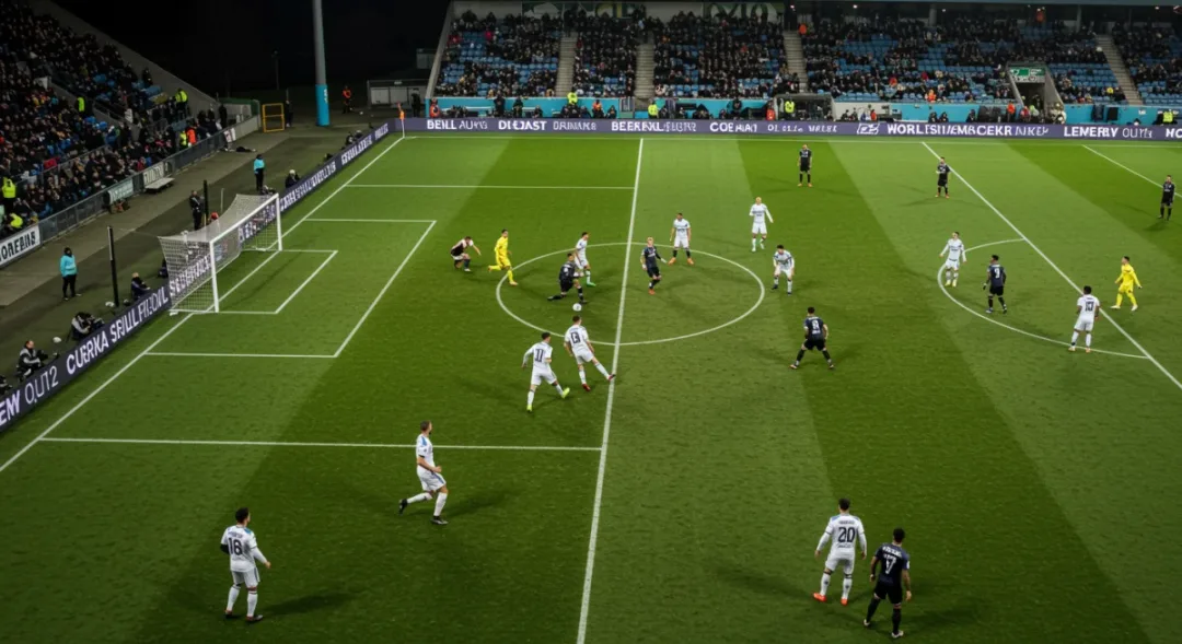 Football players contesting a corner kick in a packed stadium during a European match.