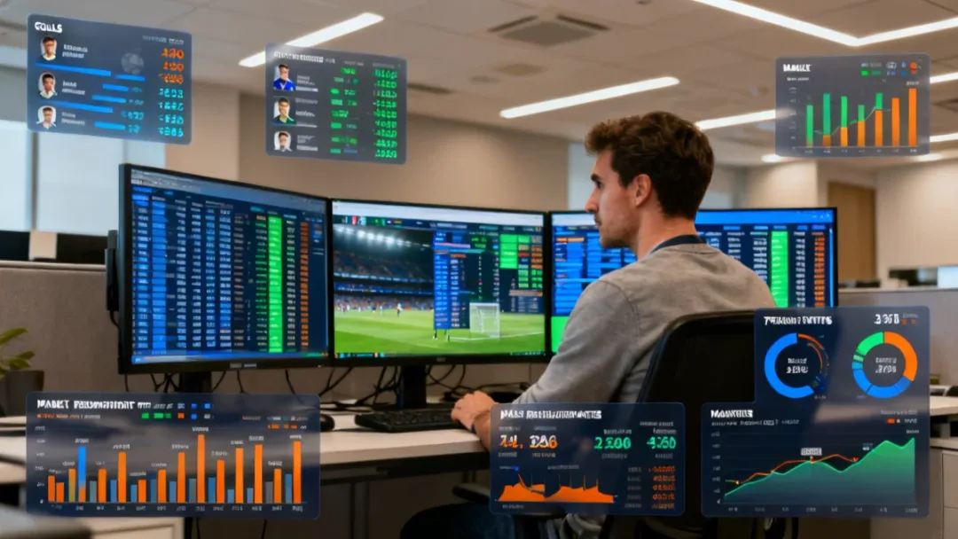 Data analyst examining football performance statistics and market trends on multiple screens.