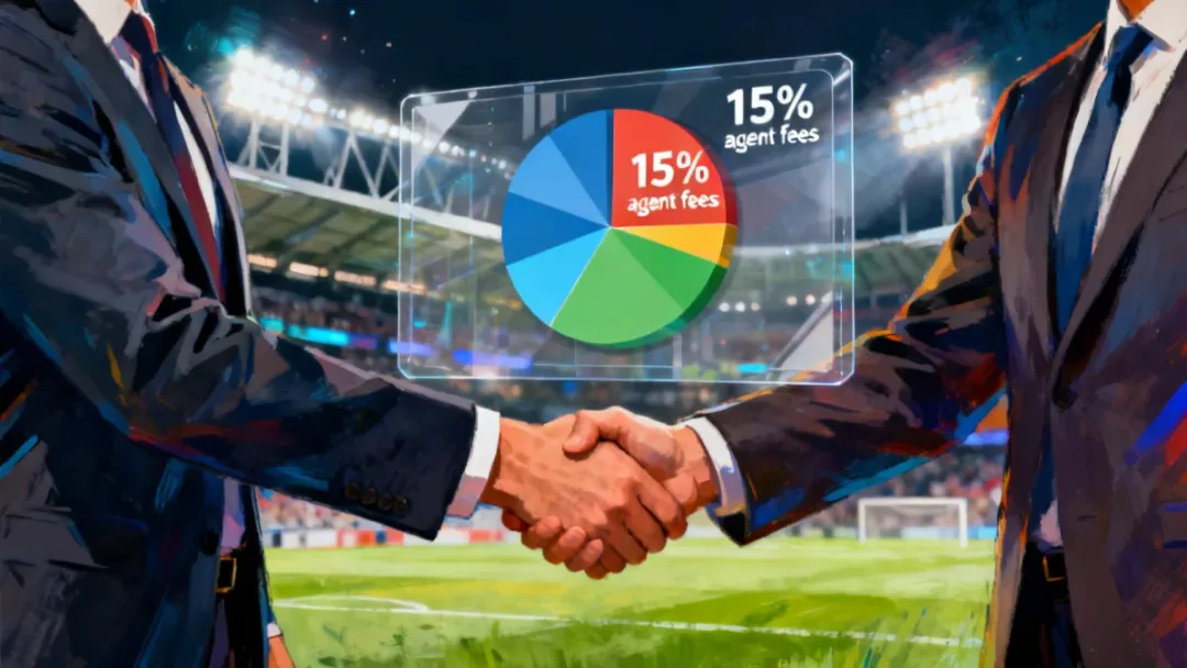 Football agent and club executive discussing transfer fees with financial charts