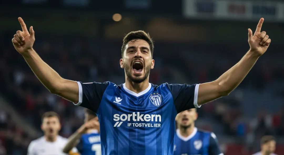 Underdog player celebrating unexpected match-winning goal with teammates