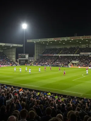 Dramatic football upset with celebrating team and dejected opponents under stadium lights