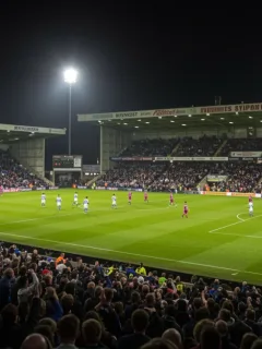 Dramatic football upset with celebrating team and dejected opponents under stadium lights