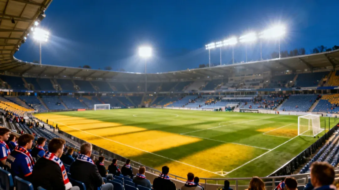Brightly lit football stadium at night, representing European club competition.