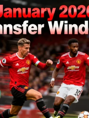 Dynamic graphic for the January 2026 transfer window, showing player silhouettes and club crests.