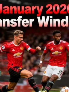 Dynamic graphic for the January 2026 transfer window, showing player silhouettes and club crests.