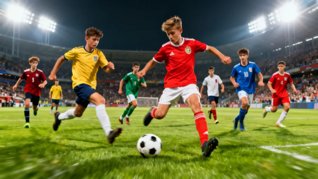 Dynamic shot of young European defenders showcasing their skills on the field
