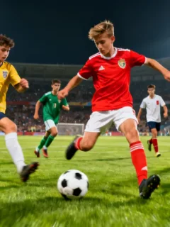 Dynamic shot of young European defenders showcasing their skills on the field