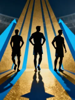 Graphic showing three European players' transfer values increasing dramatically in 2025, symbolizing a rise to stardom.