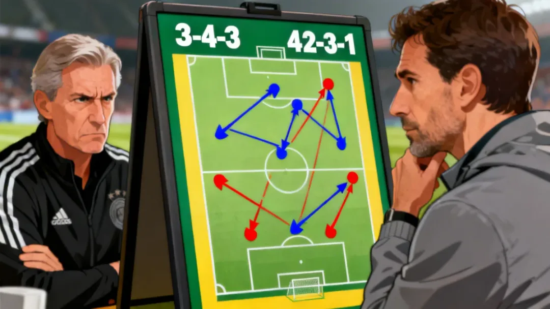 Digital tactics board displaying innovative football formation with coaches discussing strategy
