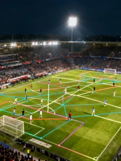 Dynamic football stadium with superimposed tactical lines for 2026 season innovations