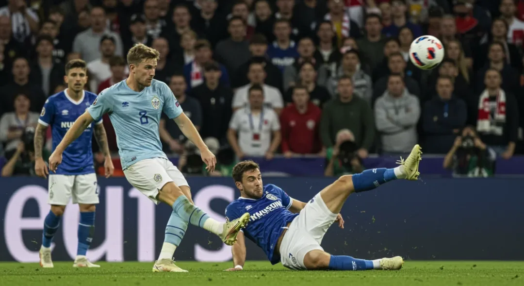 Midfielder making a critical play during a European match, showcasing individual brilliance.
