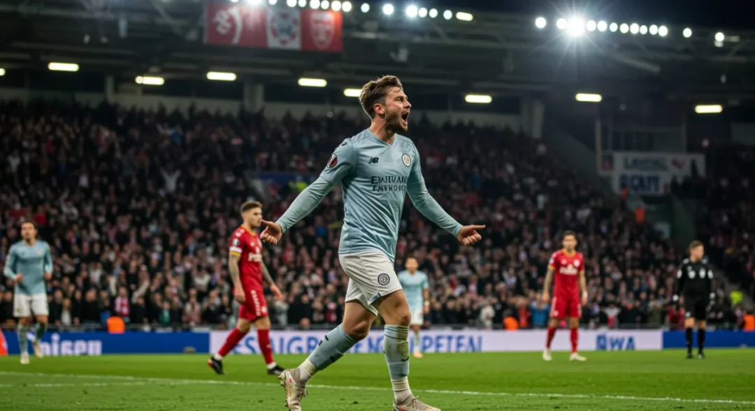 Football player celebrates a decisive goal in a European match, highlighting an exceptional individual performance.
