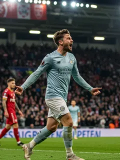 Football player celebrates a decisive goal in a European match, highlighting an exceptional individual performance.
