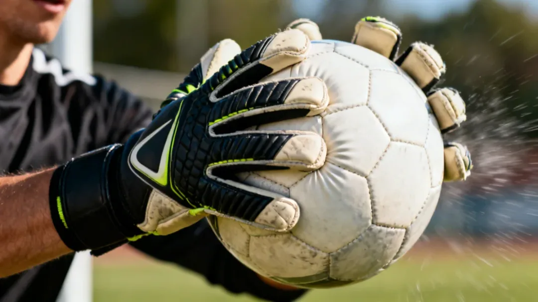 Goalkeeper's hands catching a powerful shot in a match