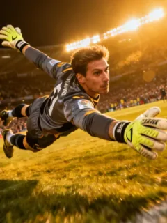 Goalkeeper making a dramatic save during a European football match