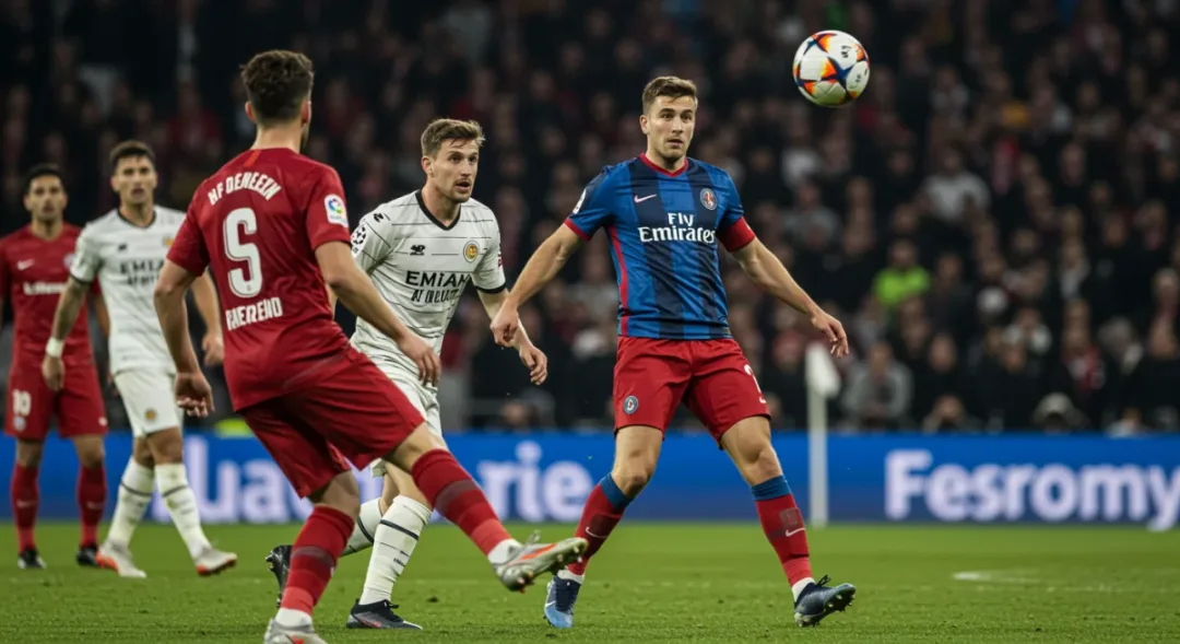Midfielder executing a precise, no-look pass during a high-stakes European football match.