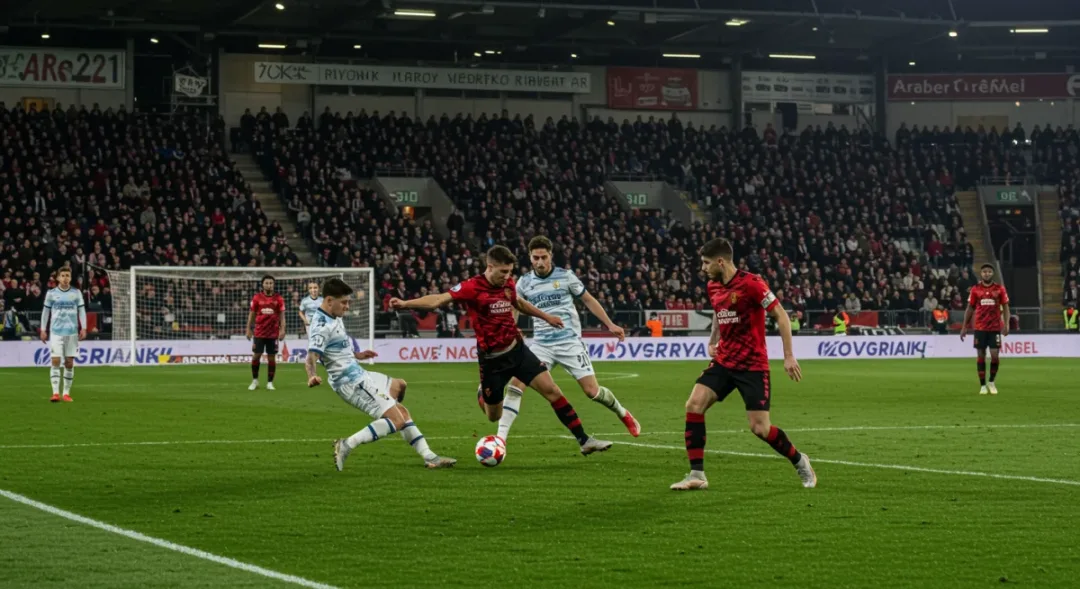 Dynamic football player delivering a creative assist in a European match, stadium lights illuminating the field.