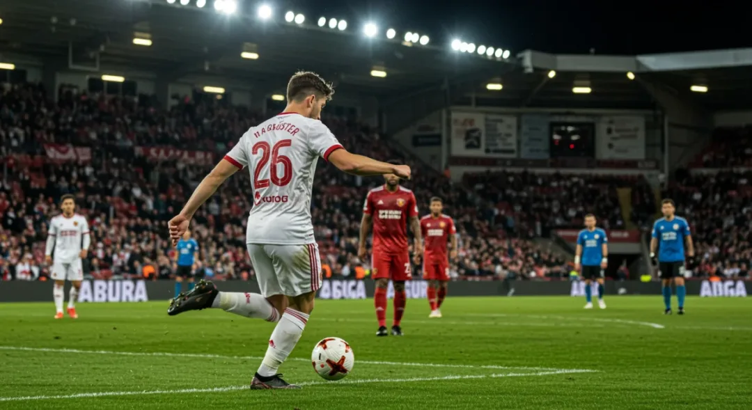 Football player preparing to take a free-kick, stadium lights, intense focus
