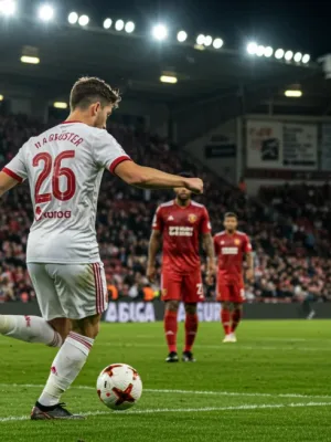 Football player preparing to take a free-kick, stadium lights, intense focus