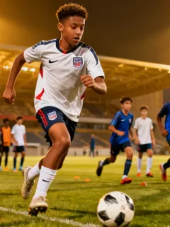 Young American soccer players training at a European youth academy, aspiring to be future superstars