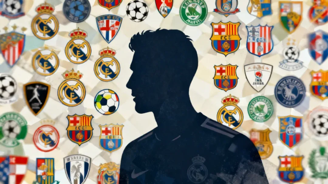 Mosaic of European club crests with a central player silhouette, illustrating widespread transfer impact.