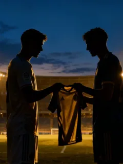 Two football players in silhouette exchanging jerseys in a floodlit stadium, symbolizing major European transfer rumors.
