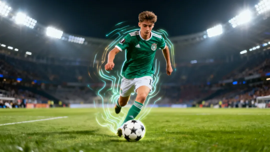 Young European footballer with potential for a 2026 breakthrough, dribbling on a brightly lit stadium pitch.