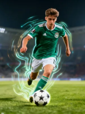 Young European footballer with potential for a 2026 breakthrough, dribbling on a brightly lit stadium pitch.