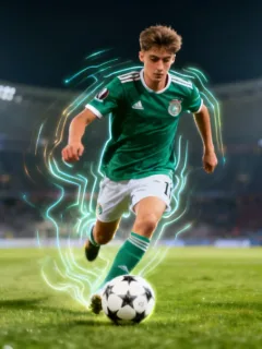 Young European footballer with potential for a 2026 breakthrough, dribbling on a brightly lit stadium pitch.