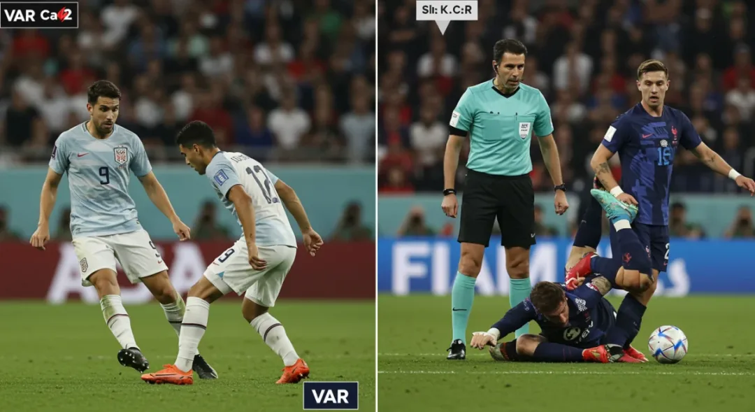 Split-screen VAR analysis of a disputed football incident