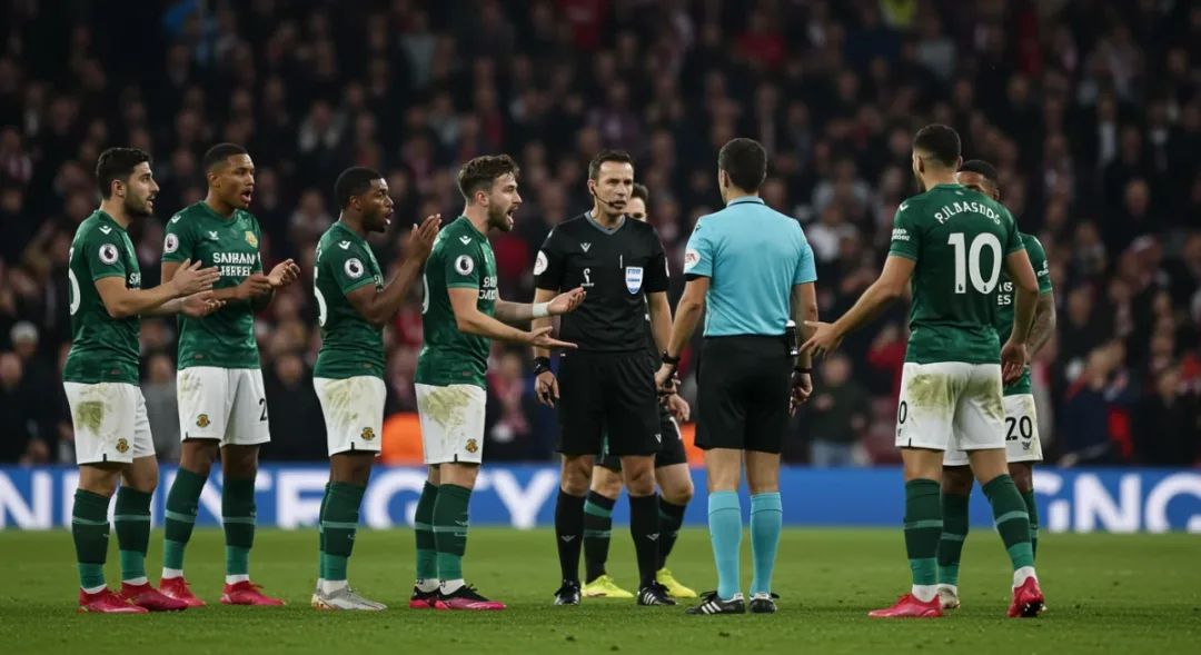 Football players protesting a VAR decision to the referee